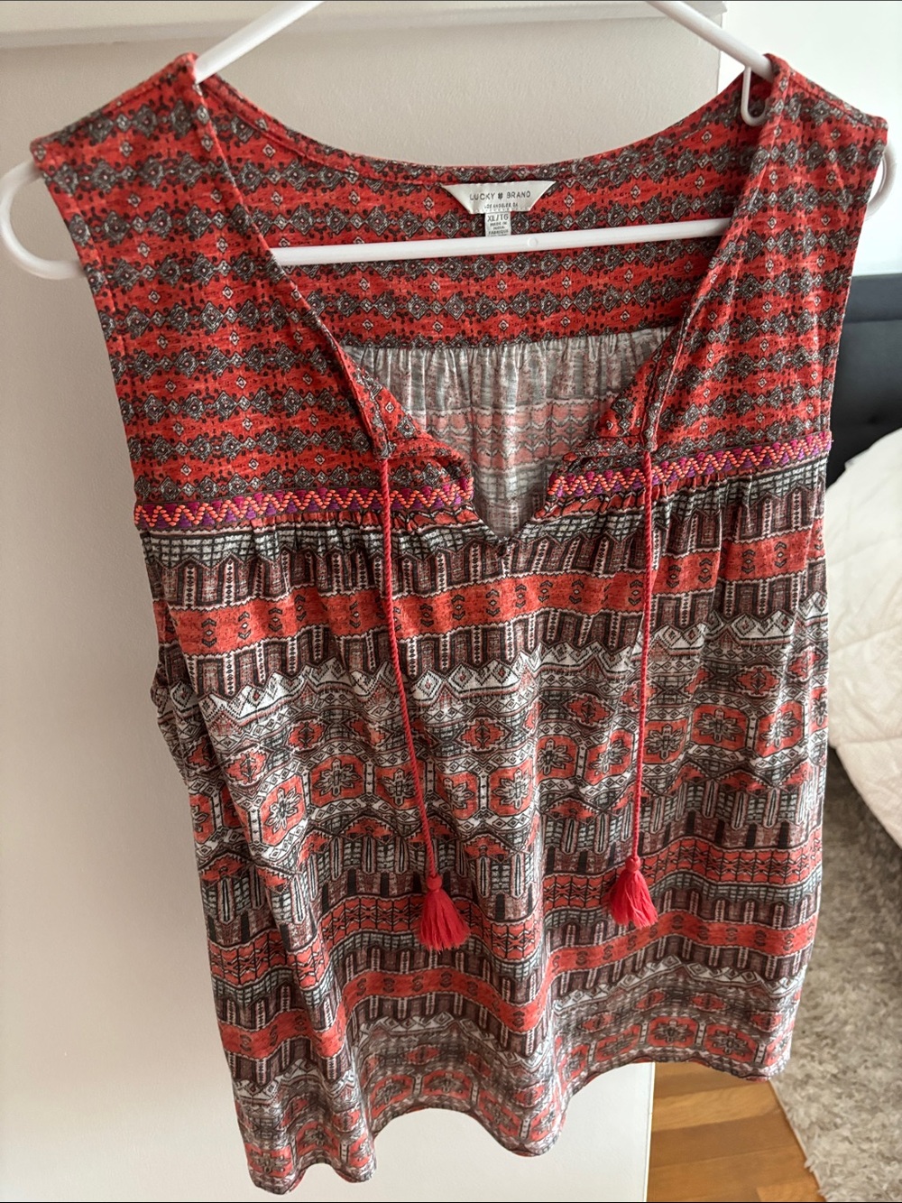 Lucky Brand Red and Brown Printed Tassel Camisole